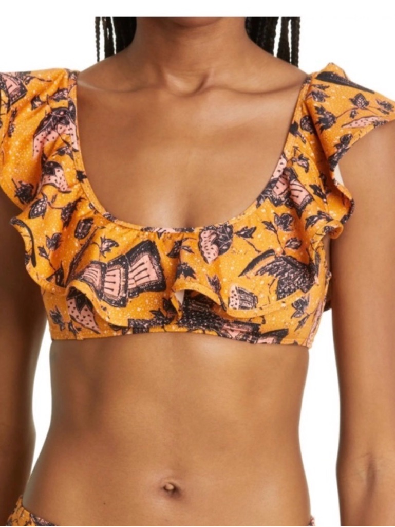Ulla Johnson Ruffled Scoop Neck Crop Top In Mustard Floral Bikini Set - Medium